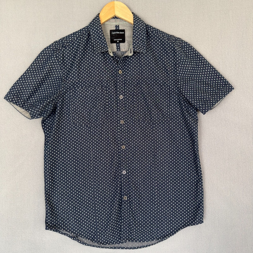 Calvin Klein Jeans Shirt Mens Medium Navy Blue Short Sleeve Button Up Pockets